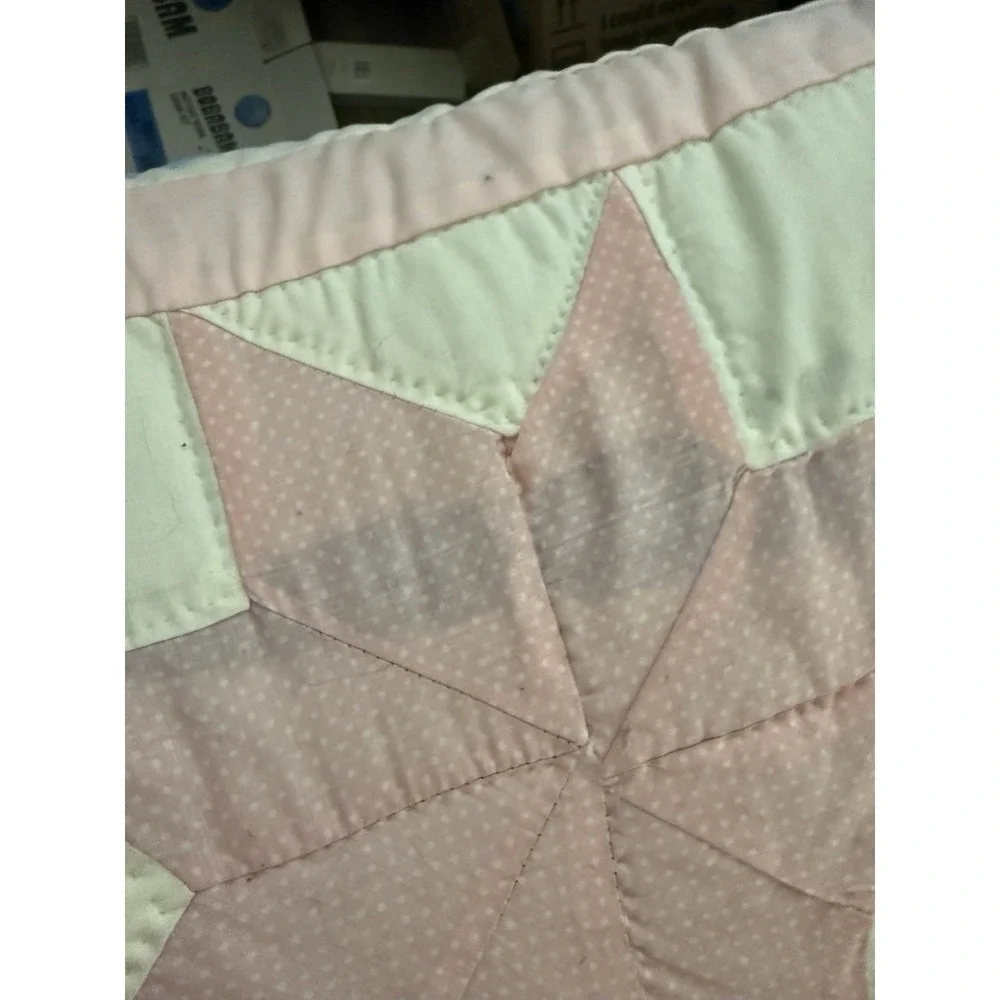 Vintage Eight Point Star Handmaid Pieced Hand Quilted Blue & Pink Patchwork